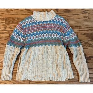 IVY Fair Isle Cable Knit Mock Neck Sweater‎ Multicolor Wool Blend Women’s L GUC